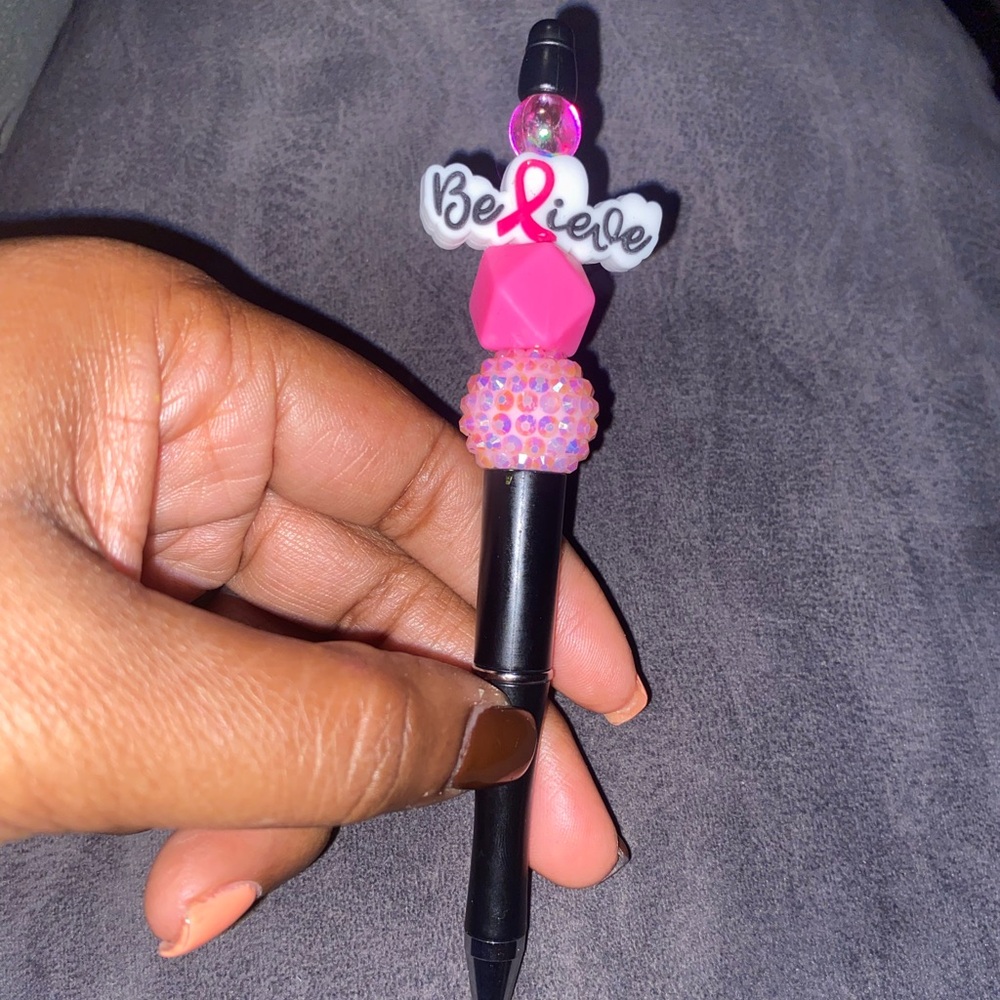 Inspirational Breast Cancer Black Pen with Pink Beads